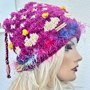 Hand Knits 2 Love Beanie Winter Hat Slouch Rustic Boho Designer Women Bead Heart